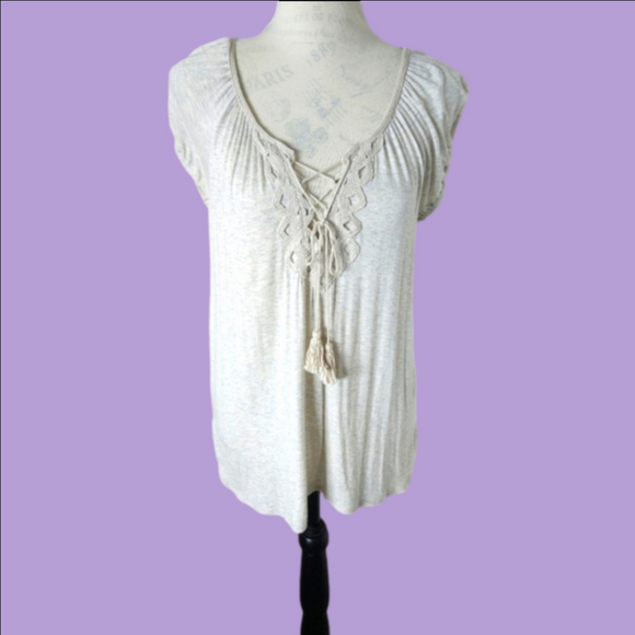 💕 Max studio boho beige top tassels embroided stretch size small 💕 - Picture 5 of 7